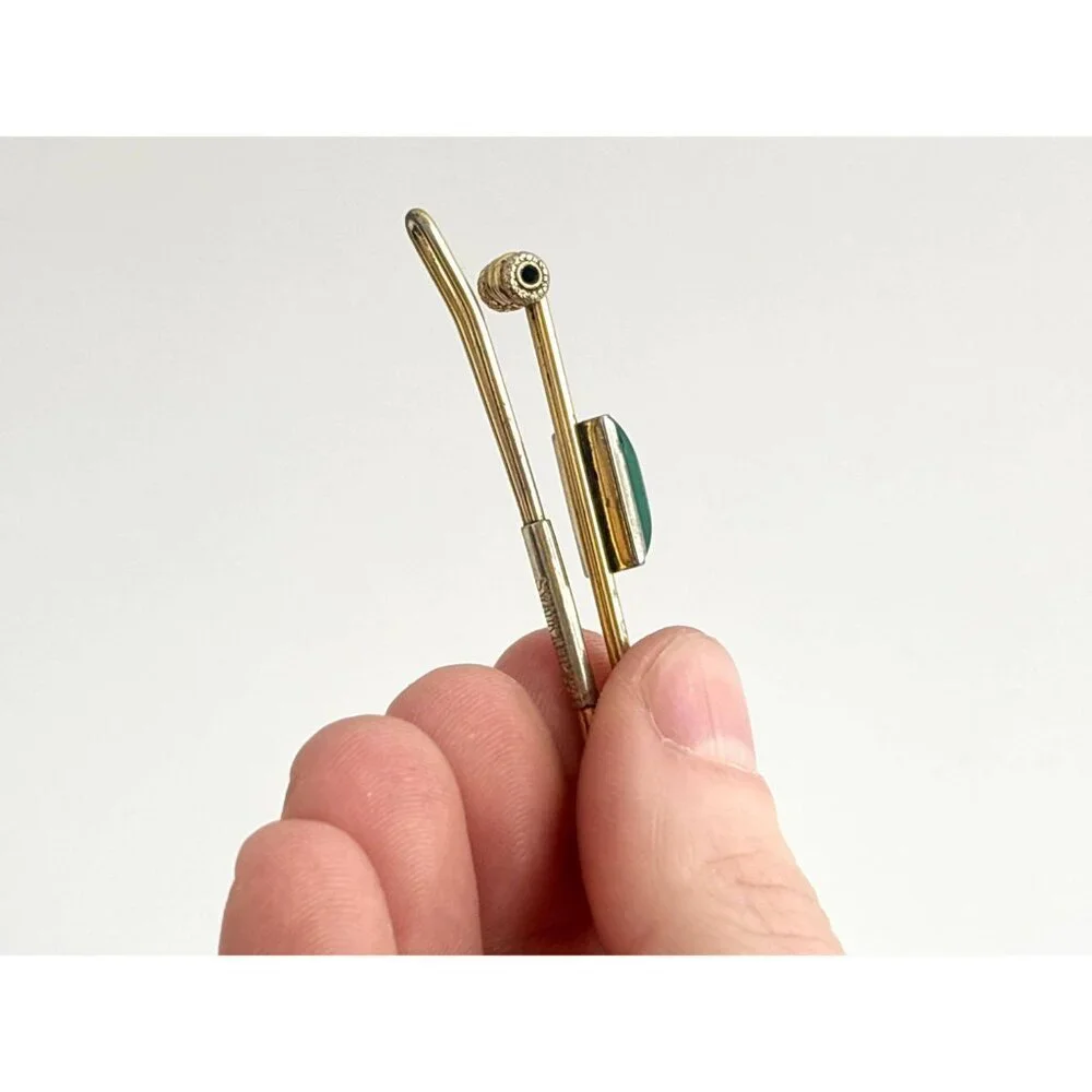 Swank Signed Faux Green Stone Gold Toned Vintage Men's Tie Bar | Tie Clip